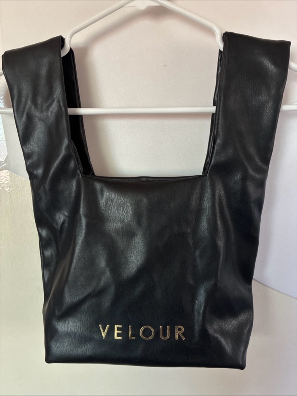 Velour-Trendy Tote Bag Faux Leather Black/Gold Letters 15”H 10”L  2” W